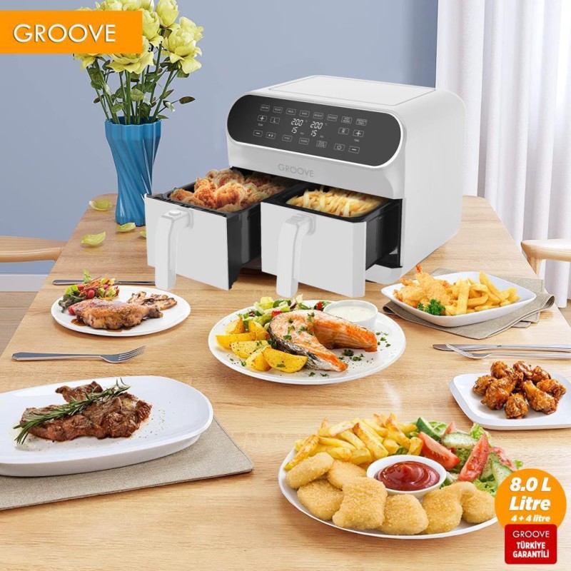 Groove Max Plus XXL 1800W (4Lt+4Lt) 8Lt Çift Hazneli Smart Airfryer Air Fryer Yağsız Sıcak Hava Fritözü Beyaz