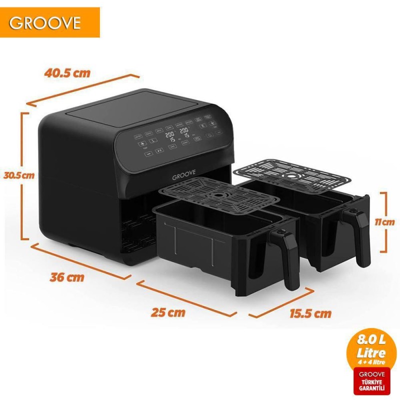 Groove Max Plus XXL 1800W (4Lt+4Lt) 8Lt Çift Hazneli Smart Airfryer Air Fryer Yağsız Sıcak Hava Fritözü Siyah
