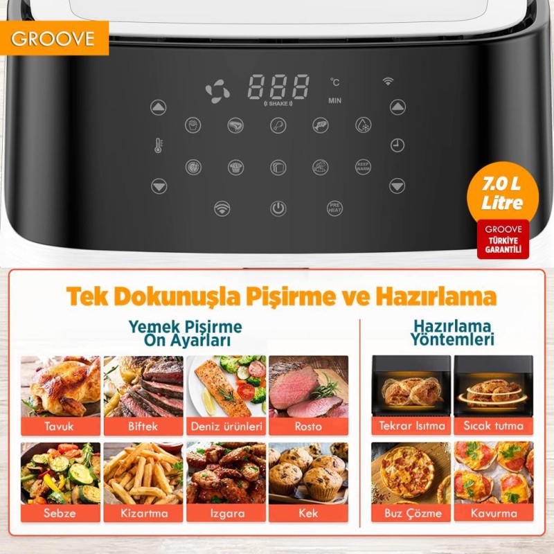 Groove Max XXL 7L 1800W WiFi Smart Airfryer Air Fryer Yağsız Sıcak Hava Fritözü Beyaz