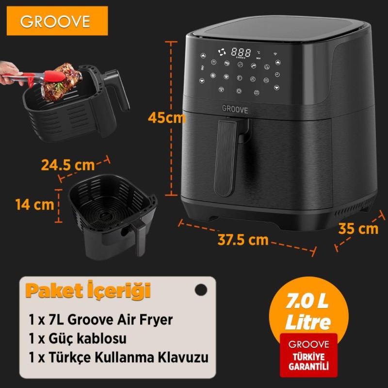 Groove Max XXL 7L 1800W WiFi Smart Airfryer Air Fryer Yağsız Sıcak Hava Fritözü Siyah