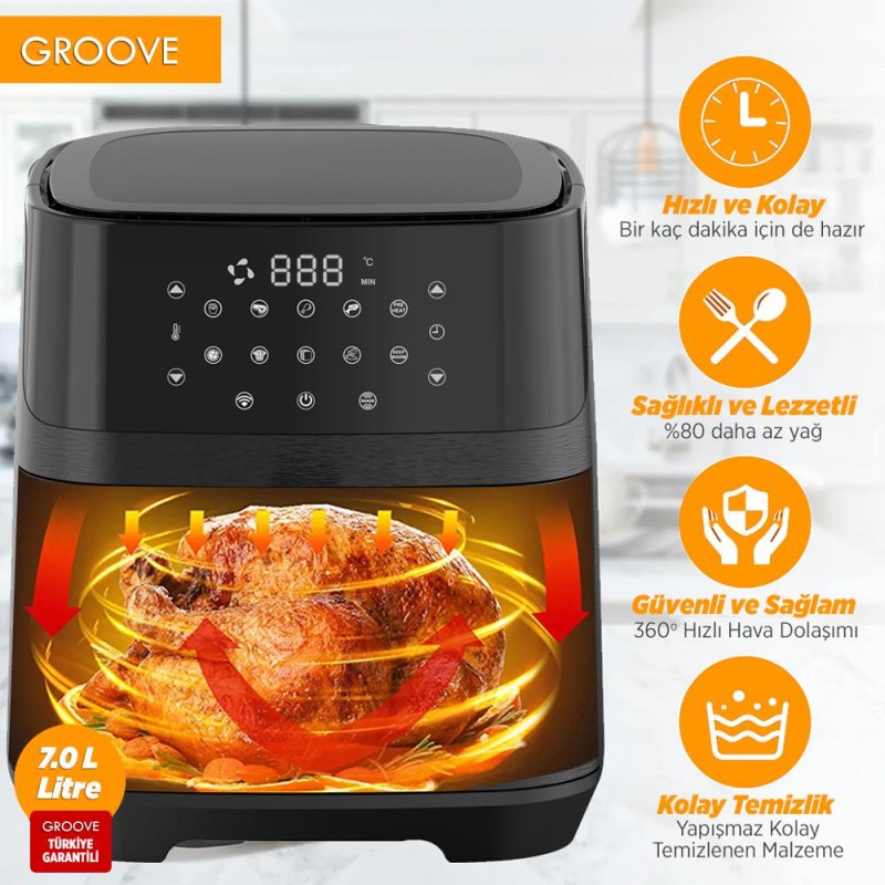 Groove Max XXL 7L 1800W WiFi Smart Airfryer Air Fryer Yağsız Sıcak Hava Fritözü Siyah