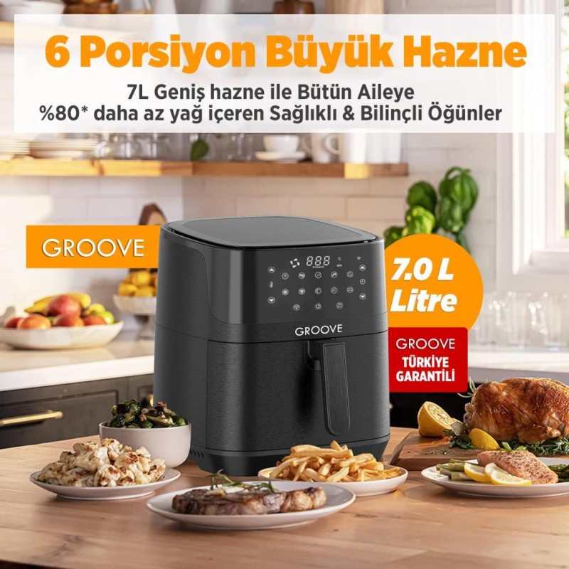 Groove Max XXL 7L 1800W WiFi Smart Airfryer Air Fryer Yağsız Sıcak Hava Fritözü Siyah
