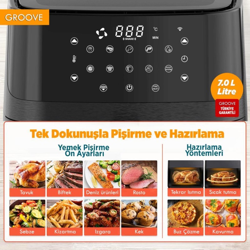 Groove Max XXL 7L 1800W WiFi Smart Airfryer Air Fryer Yağsız Sıcak Hava Fritözü Siyah