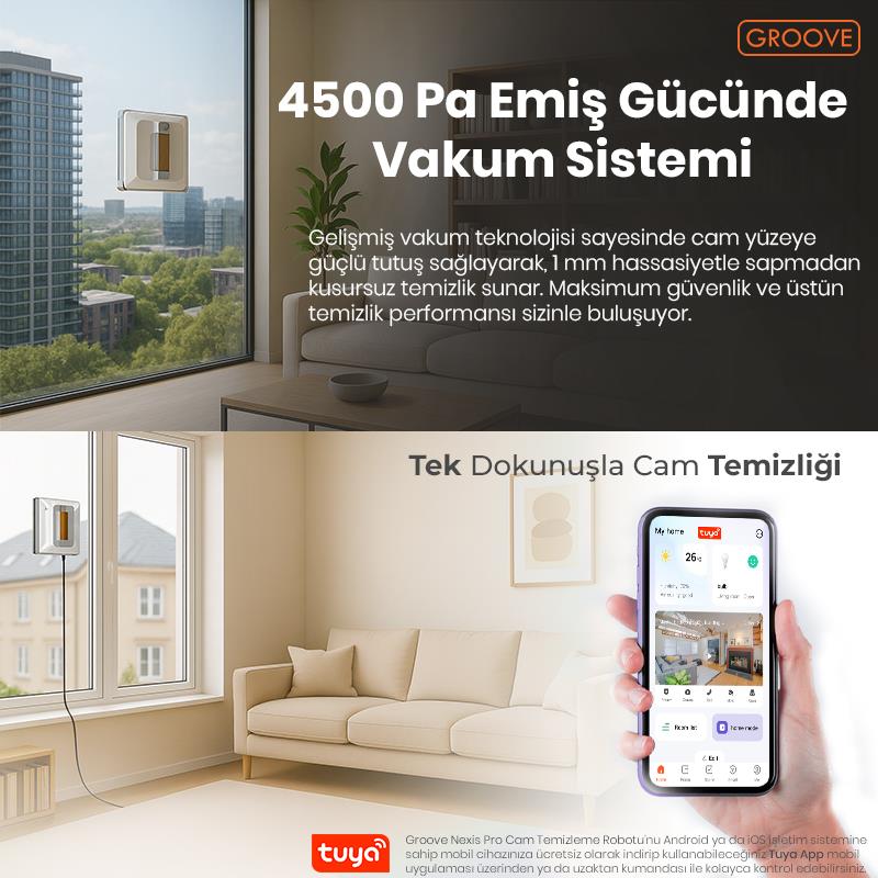 Groove Nexis Pro Akıllı Uygulama Kontrollü Cam Temizleme Silme Robotu +Yapay Zeka Desteği+Ultra Sessiz+Akıllı Sensör+4 Ultrasonik Sprey