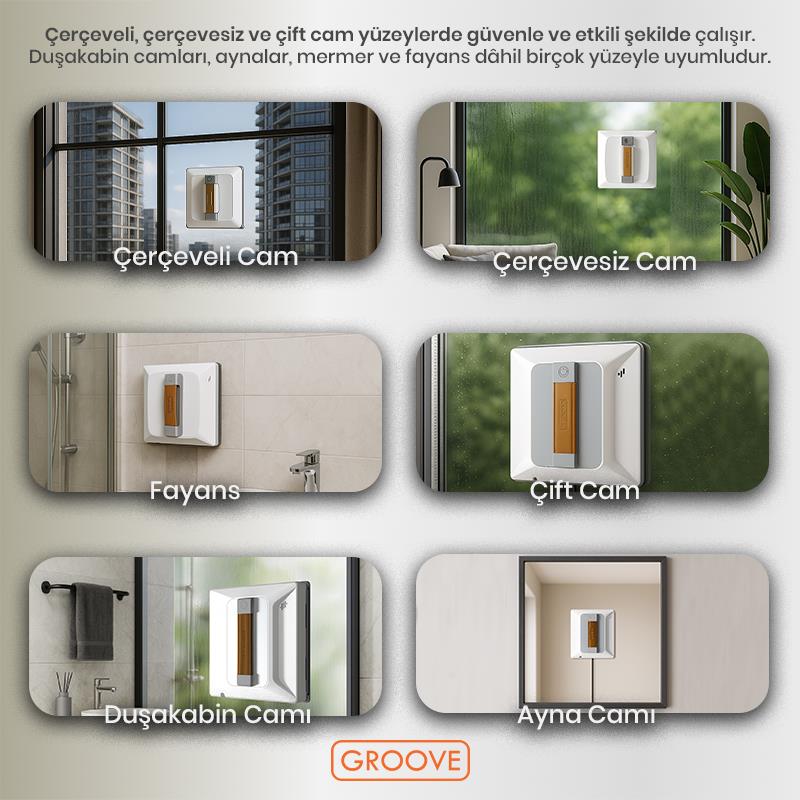 Groove Nexis Pro Akıllı Uygulama Kontrollü Cam Temizleme Silme Robotu +Yapay Zeka Desteği+Ultra Sessiz+Akıllı Sensör+4 Ultrasonik Sprey