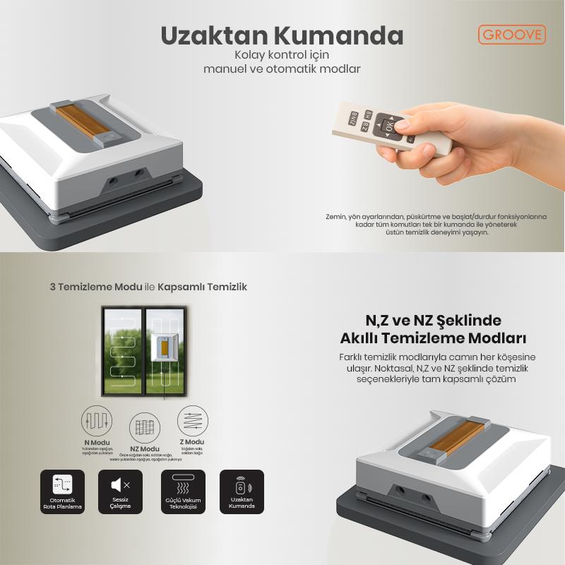 Groove Nexis Pro Akıllı Uygulama Kontrollü Cam Temizleme Silme Robotu +Yapay Zeka Desteği+Ultra Sessiz+Akıllı Sensör+4 Ultrasonik Sprey