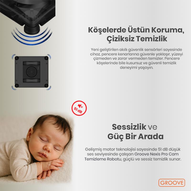 Groove Nexis Pro Akıllı Uygulama Kontrollü Cam Temizleme Silme Robotu +Yapay Zeka Desteği+Ultra Sessiz+Akıllı Sensör+4 Ultrasonik Sprey