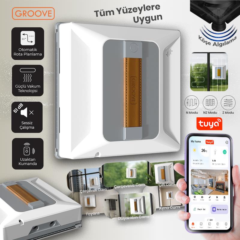 Groove Nexis Pro Akıllı Uygulama Kontrollü Cam Temizleme Silme Robotu +Yapay Zeka Desteği+Ultra Sessiz+Akıllı Sensör+4 Ultrasonik Sprey
