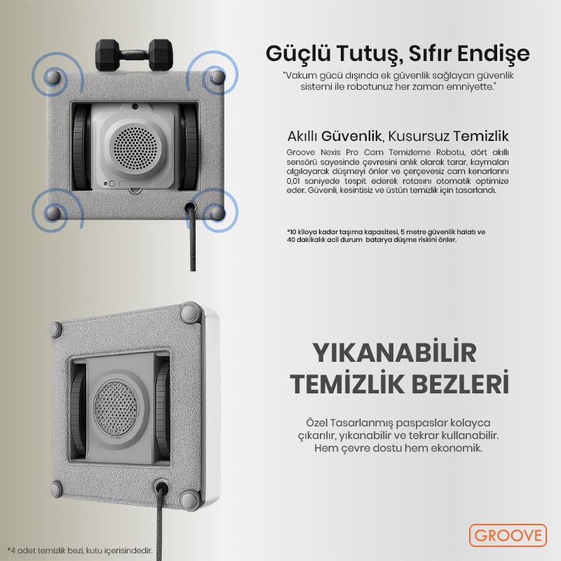 Groove Nexis Pro Akıllı Uygulama Kontrollü Cam Temizleme Silme Robotu +Yapay Zeka Desteği+Ultra Sessiz+Akıllı Sensör+4 Ultrasonik Sprey