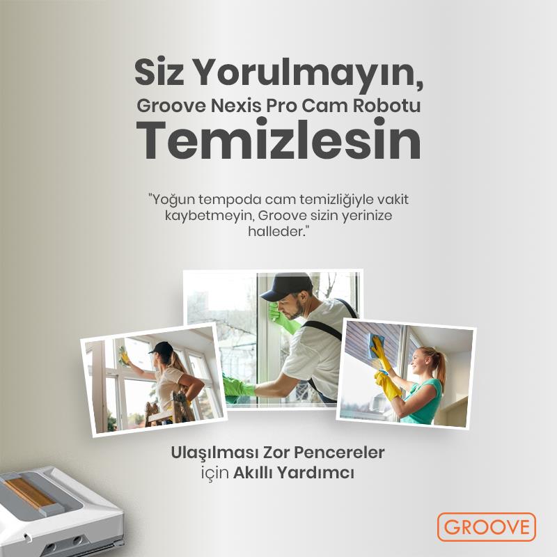 Groove Nexis Pro Akıllı Uygulama Kontrollü Cam Temizleme Silme Robotu +Yapay Zeka Desteği+Ultra Sessiz+Akıllı Sensör+4 Ultrasonik Sprey