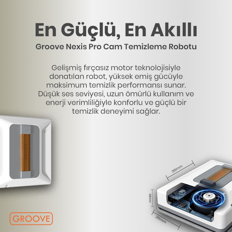 Groove Nexis Pro Akıllı Uygulama Kontrollü Cam Temizleme Silme Robotu +Yapay Zeka Desteği+Ultra Sessiz+Akıllı Sensör+4 Ultrasonik Sprey