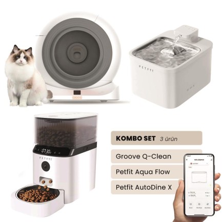 Petfit - Groove Q-Clean Akıllı Otomatik Kedi Tuvaleti Gri - Petfit Aqua Flow Akıllı Bataryalı Su Pınarı Çeşmesi + Petfit AutoDine X Akıllı Otomatik Mama Kabı Bundle