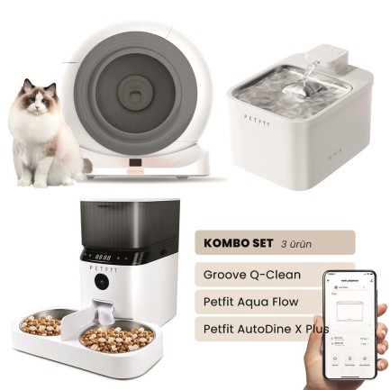 Petfit - Groove Q-Clean Akıllı Otomatik Kedi Tuvaleti Gri - Petfit Aqua Flow Akıllı Bataryalı Su Pınarı Çeşmesi + Petfit AutoDine X Plus Akıllı Otomatik Mama Kabı Bundle