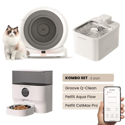 Petfit - Groove Q-Clean Akıllı Otomatik Kedi Tuvaleti Gri - Petfit Aqua Flow Akıllı Bataryalı Su Pınarı Çeşmesi + Petfit CatMax Pro Akıllı Otomatik Mama Kabı Bundle