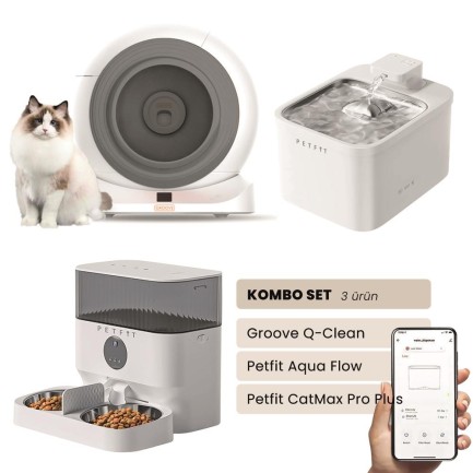 Petfit - Groove Q-Clean Akıllı Otomatik Kedi Tuvaleti Gri - Petfit Aqua Flow Akıllı Bataryalı Su Pınarı Çeşmesi + Petfit CatMax Pro Plus Akıllı Otomatik Mama Kabı Bundle