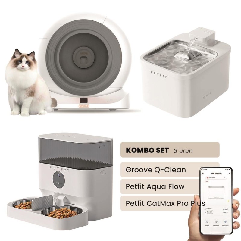 Groove Q-Clean Akıllı Otomatik Kedi Tuvaleti Gri - Petfit Aqua Flow Akıllı Bataryalı Su Pınarı Çeşmesi + Petfit CatMax Pro Plus Akıllı Otomatik Mama Kabı Bundle