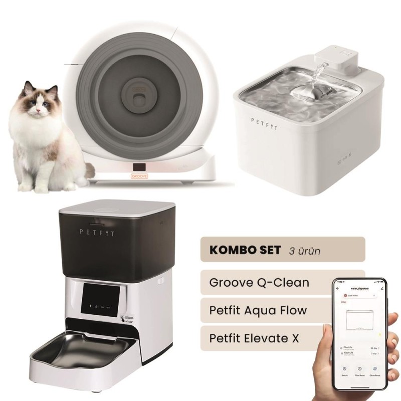Groove Q-Clean Akıllı Otomatik Kedi Tuvaleti Gri - Petfit Aqua Flow Akıllı Bataryalı Su Pınarı Çeşmesi + Petfit Elevate X Akıllı Otomatik Mama Kabı Bundle