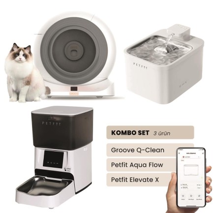 Petfit - Groove Q-Clean Akıllı Otomatik Kedi Tuvaleti Gri - Petfit Aqua Flow Akıllı Bataryalı Su Pınarı Çeşmesi + Petfit Elevate X Akıllı Otomatik Mama Kabı Bundle