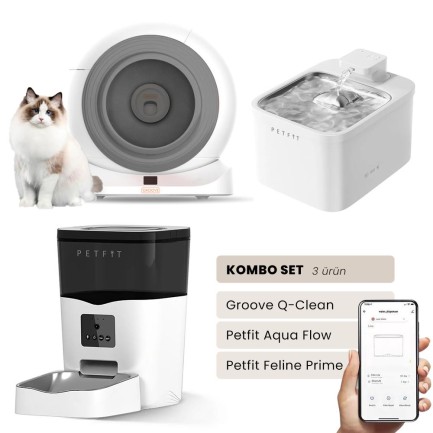 Petfit - Groove Q-Clean Akıllı Otomatik Kedi Tuvaleti Gri - Petfit Aqua Flow Akıllı Bataryalı Su Pınarı Çeşmesi + Petfit Feline Prime Akıllı Otomatik Mama Kabı Bundle