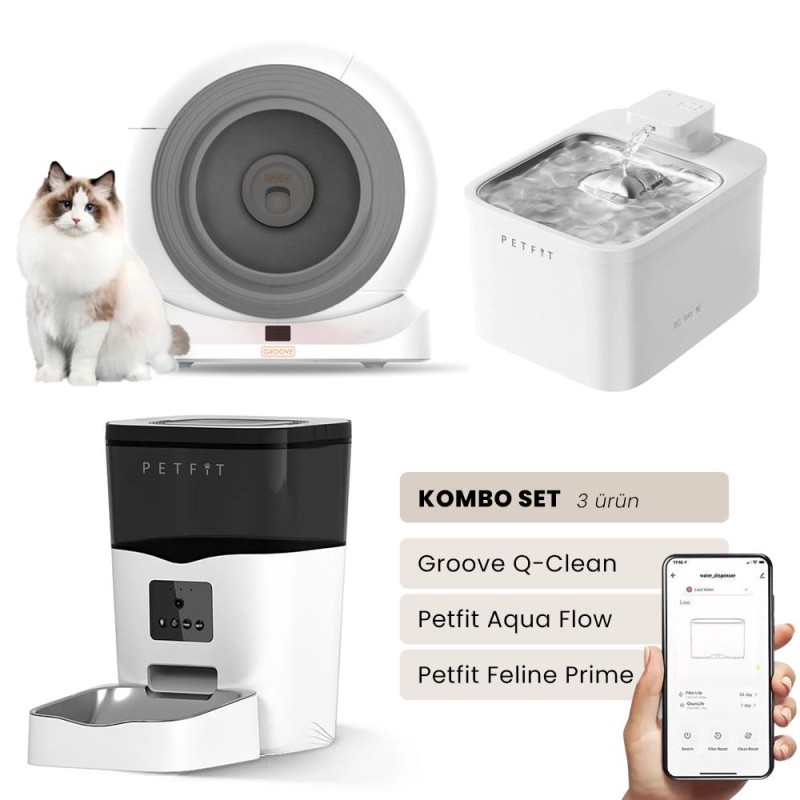Groove Q-Clean Akıllı Otomatik Kedi Tuvaleti Gri - Petfit Aqua Flow Akıllı Bataryalı Su Pınarı Çeşmesi + Petfit Feline Prime Akıllı Otomatik Mama Kabı Bundle