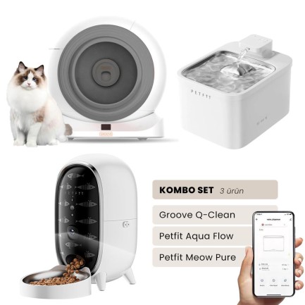 Petfit - Groove Q-Clean Akıllı Otomatik Kedi Tuvaleti Gri - Petfit Aqua Flow Akıllı Bataryalı Su Pınarı Çeşmesi + Petfit Meow Pure Akıllı Otomatik Mama Kabı Bundle