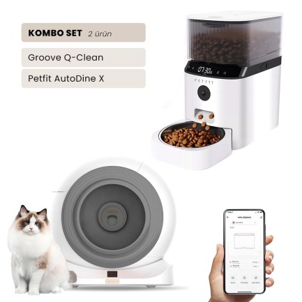 Petfit - Groove Q-Clean Wi-Fi Akıllı Otomatik Kedi Tuvaleti Gri + Petfit AutoDine X 5L Wi-Fi Kameralı Akıllı Otomatik Mama Kabı Besleme Ünitesi Bundle