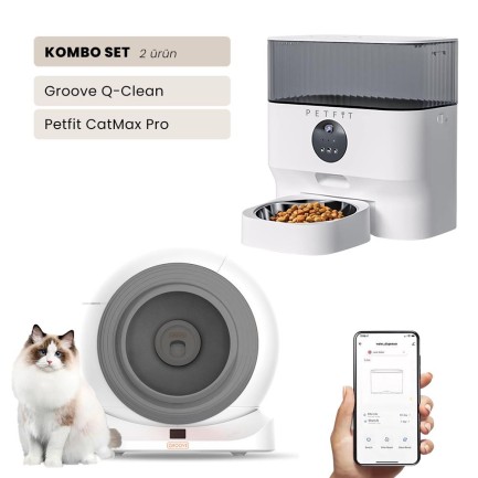 Petfit - Groove Q-Clean Wi-Fi Akıllı Kedi Tuvaleti Gri + Petfit CatMax Pro 5L Wi-Fi Kameralı Akıllı Otomatik Mama Kabı Besleme Ünitesi Bundle