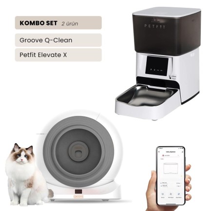 Petfit - Groove Q-Clean Wi-Fi Akıllı Otomatik Kedi Tuvaleti Gri + Petfit Elevate X 4L Wi-Fi Akıllı Otomatik Mama Kabı Besleme Ünitesi Bundle