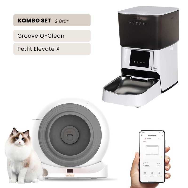 Groove Q-Clean Wi-Fi Akıllı Otomatik Kedi Tuvaleti Gri + Petfit Elevate X 4L Wi-Fi Akıllı Otomatik Mama Kabı Besleme Ünitesi Bundle