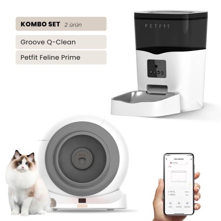 Petfit - Groove Q-Clean Wi-Fi Akıllı Otomatik Kedi Tuvaleti Gri + Petfit Feline Prime 3L Wi-Fi Kameralı Akıllı Otomatik Mama Kabı Besleme Ünitesi Bundle