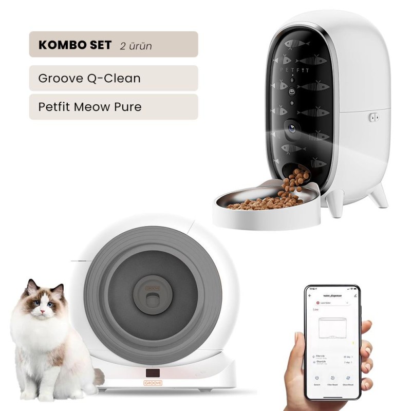 Groove Q-Clean Wi-Fi Akıllı Otomatik Kedi Tuvaleti Gri + Petfit Meow Pure 3L Wi-Fi Kameralı Akıllı Otomatik Mama Kabı Besleme Ünitesi Bundle