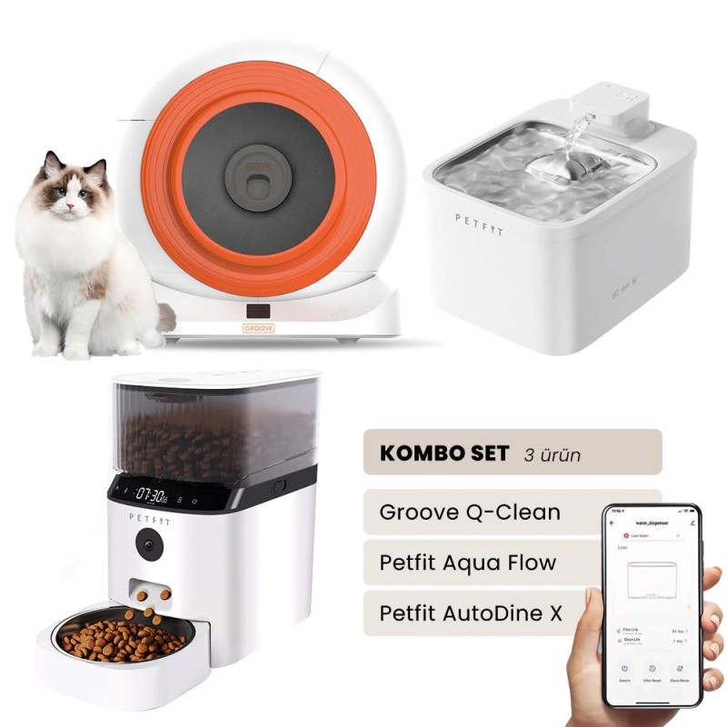 Groove Q-Clean Akıllı Otomatik Kedi Tuvaleti Turuncu - Petfit Aqua Flow Akıllı Bataryalı Su Pınarı Çeşmesi + Petfit AutoDine X Akıllı Otomatik Mama Kabı Bundle