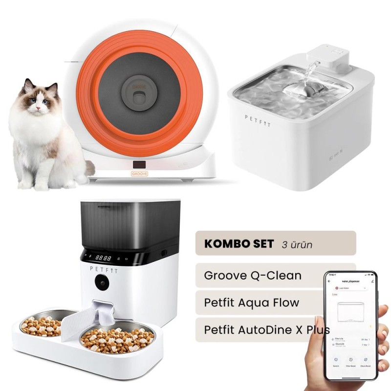 Groove Q-Clean Akıllı Otomatik Kedi Tuvaleti Turuncu - Petfit Aqua Flow Akıllı Bataryalı Su Pınarı Çeşmesi + Petfit AutoDine X Plus Akıllı Otomatik Mama Kabı Bundle