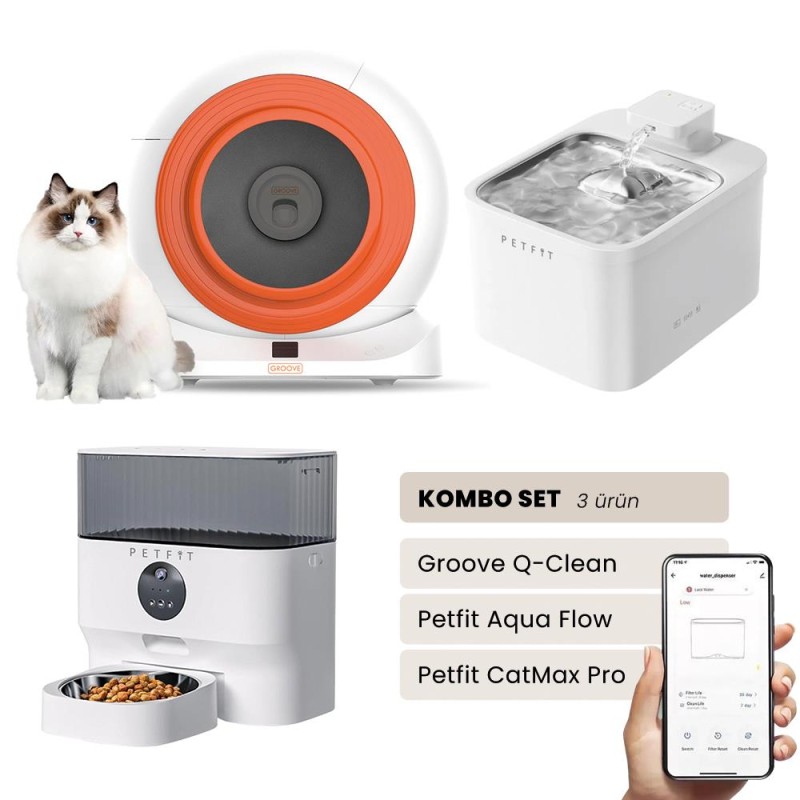 Groove Q-Clean Akıllı Otomatik Kedi Tuvaleti Turuncu - Petfit Aqua Flow Akıllı Bataryalı Su Pınarı Çeşmesi + Petfit CatMax Pro Akıllı Otomatik Mama Kabı Bundle
