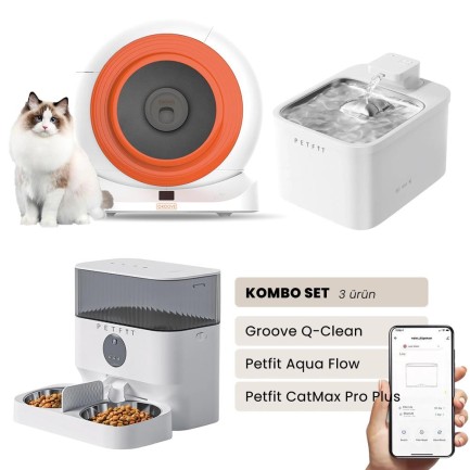 Petfit - Groove Q-Clean Akıllı Otomatik Kedi Tuvaleti Turuncu - Petfit Aqua Flow Akıllı Bataryalı Su Pınarı Çeşmesi + Petfit CatMax Pro Plus Akıllı Otomatik Mama Kabı Bundle