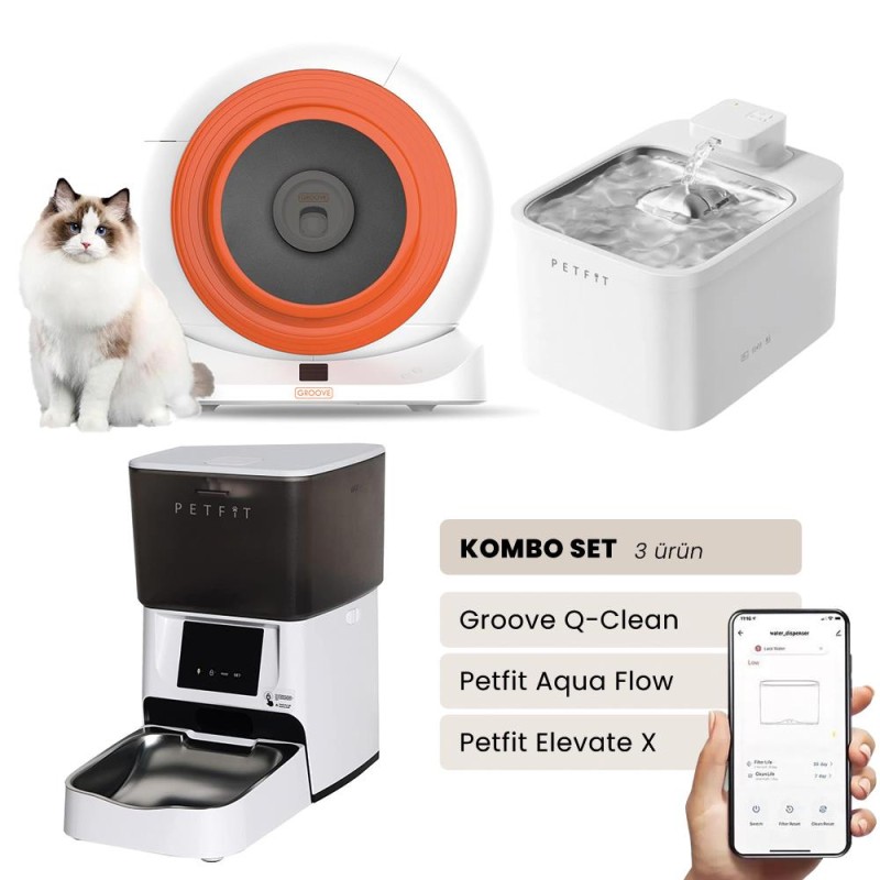 Groove Q-Clean Akıllı Otomatik Kedi Tuvaleti Turuncu - Petfit Aqua Flow Akıllı Bataryalı Su Pınarı Çeşmesi + Petfit Elevate X Akıllı Otomatik Mama Kabı Bundle