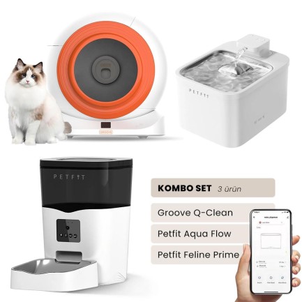 Petfit - Groove Q-Clean Akıllı Otomatik Kedi Tuvaleti Turuncu - Petfit Aqua Flow Akıllı Bataryalı Su Pınarı Çeşmesi + Petfit Feline Prime Akıllı Otomatik Mama Kabı Bundle