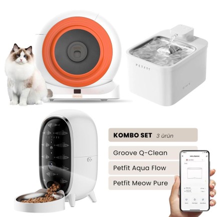 Petfit - Groove Q-Clean Akıllı Otomatik Kedi Tuvaleti Turuncu - Petfit Aqua Flow Akıllı Bataryalı Su Pınarı Çeşmesi + Petfit Meow Pure Akıllı Otomatik Mama Kabı Bundle