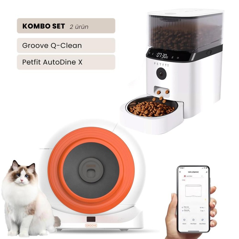 Groove Q-Clean Wi-Fi Akıllı Otomatik Kedi Tuvaleti Turuncu + Petfit AutoDine X 5L Wi-Fi Kameralı Akıllı Otomatik Mama Kabı Besleme Ünitesi Bundle