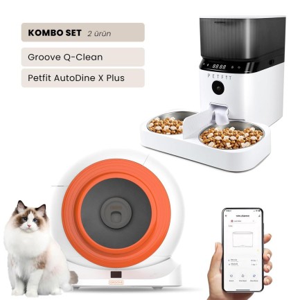 Petfit - Groove Q-Clean Wi-Fi Akıllı Otomatik Kedi Tuvaleti Turuncu + Petfit AutoDine X Plus 5L Wi-Fi Kameralı Akıllı Otomatik Mama Kabı Besleme Ünitesi Bundle