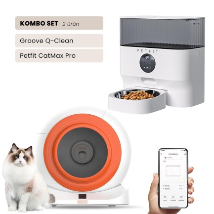 Groove Q-Clean Wi-Fi Akıllı Otomatik Kedi Tuvaleti Turuncu + Petfit CatMax Pro 5L Wi-Fi Kameralı Akıllı Otomatik Mama Kabı Besleme Ünitesi Bundle - Thumbnail