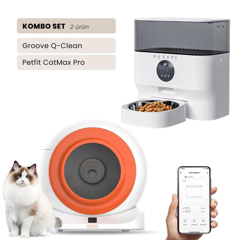 Groove Q-Clean Wi-Fi Akıllı Otomatik Kedi Tuvaleti Turuncu + Petfit CatMax Pro 5L Wi-Fi Kameralı Akıllı Otomatik Mama Kabı Besleme Ünitesi Bundle