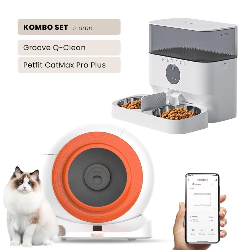 Groove Q-Clean Wi-Fi Akıllı Otomatik Kedi Tuvaleti Turuncu + Petfit CatMax Pro Plus 5L Wi-Fi Kameralı Akıllı Otomatik Mama Kabı Besleme Ünitesi Bundle
