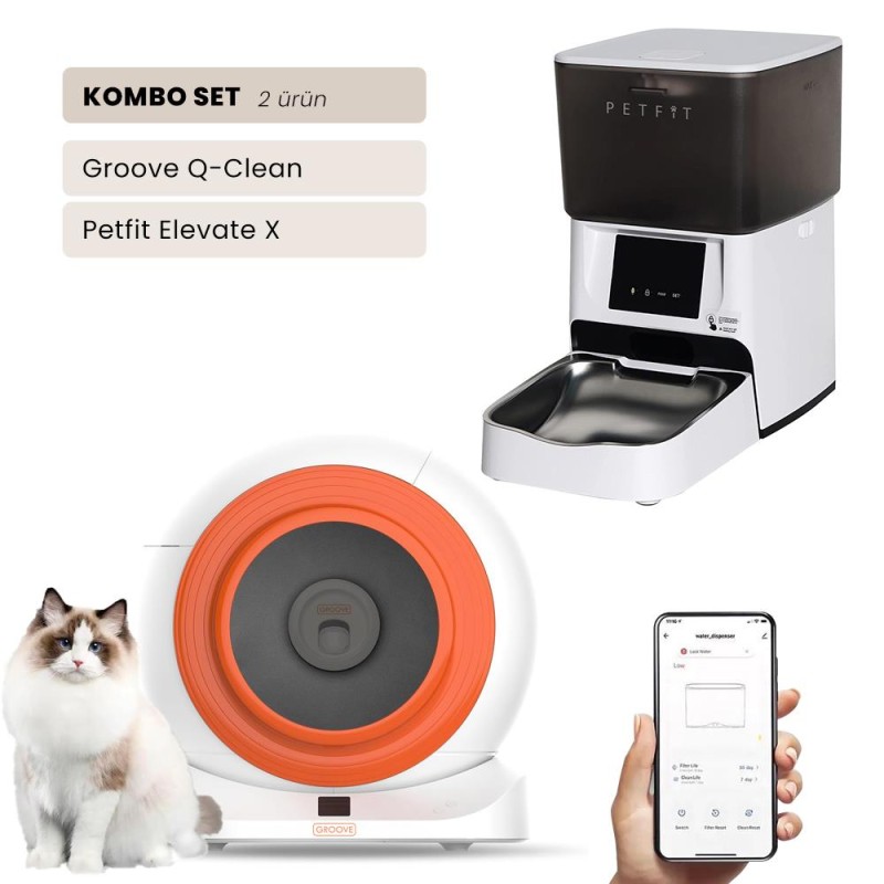 Groove Q-Clean Wi-Fi Akıllı Otomatik Kedi Tuvaleti Turuncu + Petfit Elevate X 4L Wi-Fi Akıllı Otomatik Mama Kabı Besleme Ünitesi Bundle