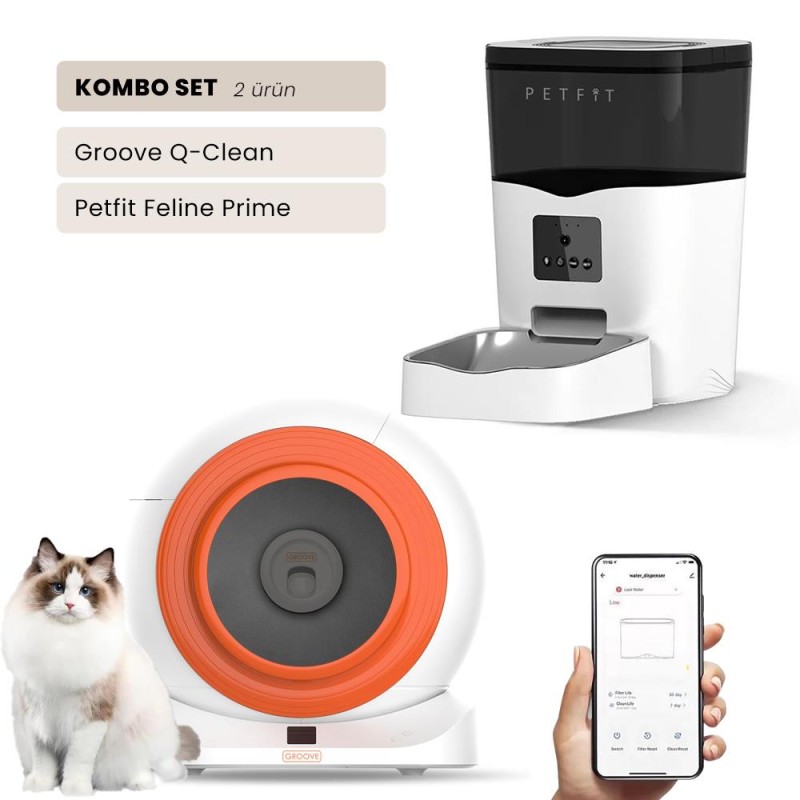 Groove Q-Clean Wi-Fi Akıllı Otomatik Kedi Tuvaleti Turuncu + Petfit Feline Prime 3L Wi-Fi Kameralı Akıllı Otomatik Mama Kabı Besleme Ünitesi Bundle