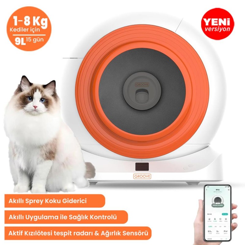Groove Q-Clean Wi-Fi Akıllı Otomatik Kedi Tuvaleti Turuncu + Petfit Meow Pure 3L Wi-Fi Kameralı Akıllı Otomatik Mama Kabı Besleme Ünitesi Bundle