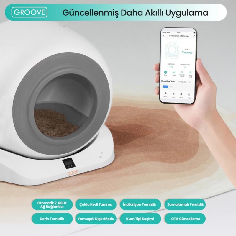 Groove Q-Clean Wi-Fi Akıllı Otomatik Kedi Tuvaleti Kum Kabı Gri (Ultra Sessiz+Akıllı Sprey Koku Giderici+APP Kontrol+Akıllı Sensör)
