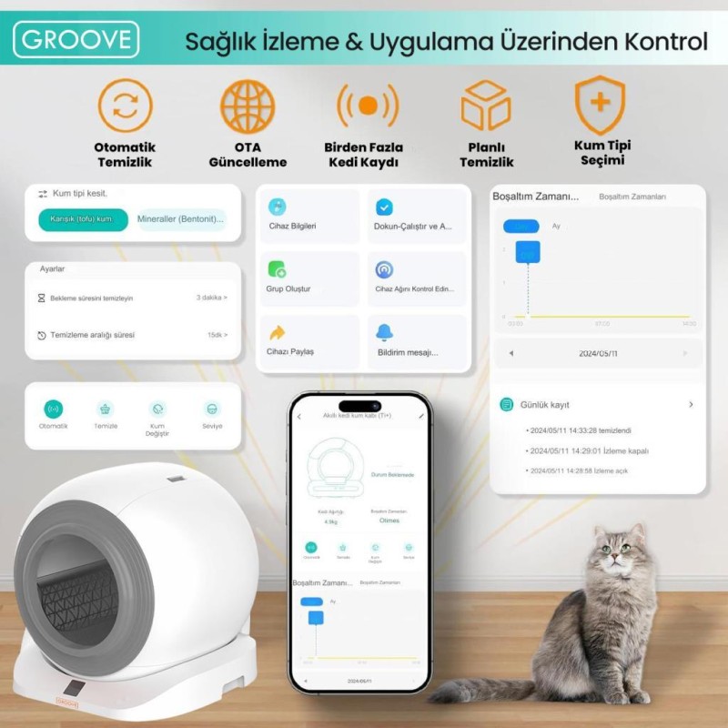 Groove Q-Clean Wi-Fi Akıllı Otomatik Kedi Tuvaleti Kum Kabı Gri (Ultra Sessiz+Akıllı Sprey Koku Giderici+APP Kontrol+Akıllı Sensör)
