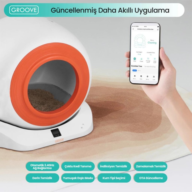 Groove Q-Clean Wi-Fi Akıllı Otomatik Kedi Tuvaleti Kum Kabı Turuncu (Ultra Sessiz+Akıllı Sprey Koku Giderici+APP Kontrol+Akıllı Sensör)