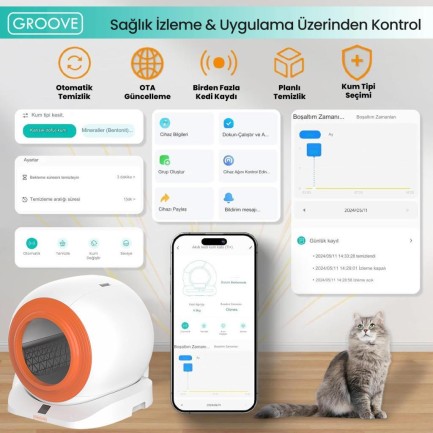 Groove Q-Clean Wi-Fi Akıllı Otomatik Kedi Tuvaleti Kum Kabı Turuncu (Ultra Sessiz+Akıllı Sprey Koku Giderici+APP Kontrol+Akıllı Sensör) - Thumbnail